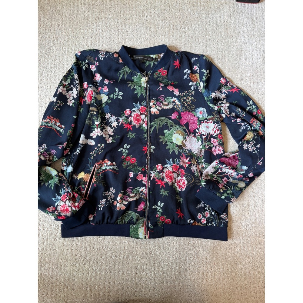 Zara Bomber Jacket Medium Navy Blue Floral Botanical Whimsigoth Boho Zip